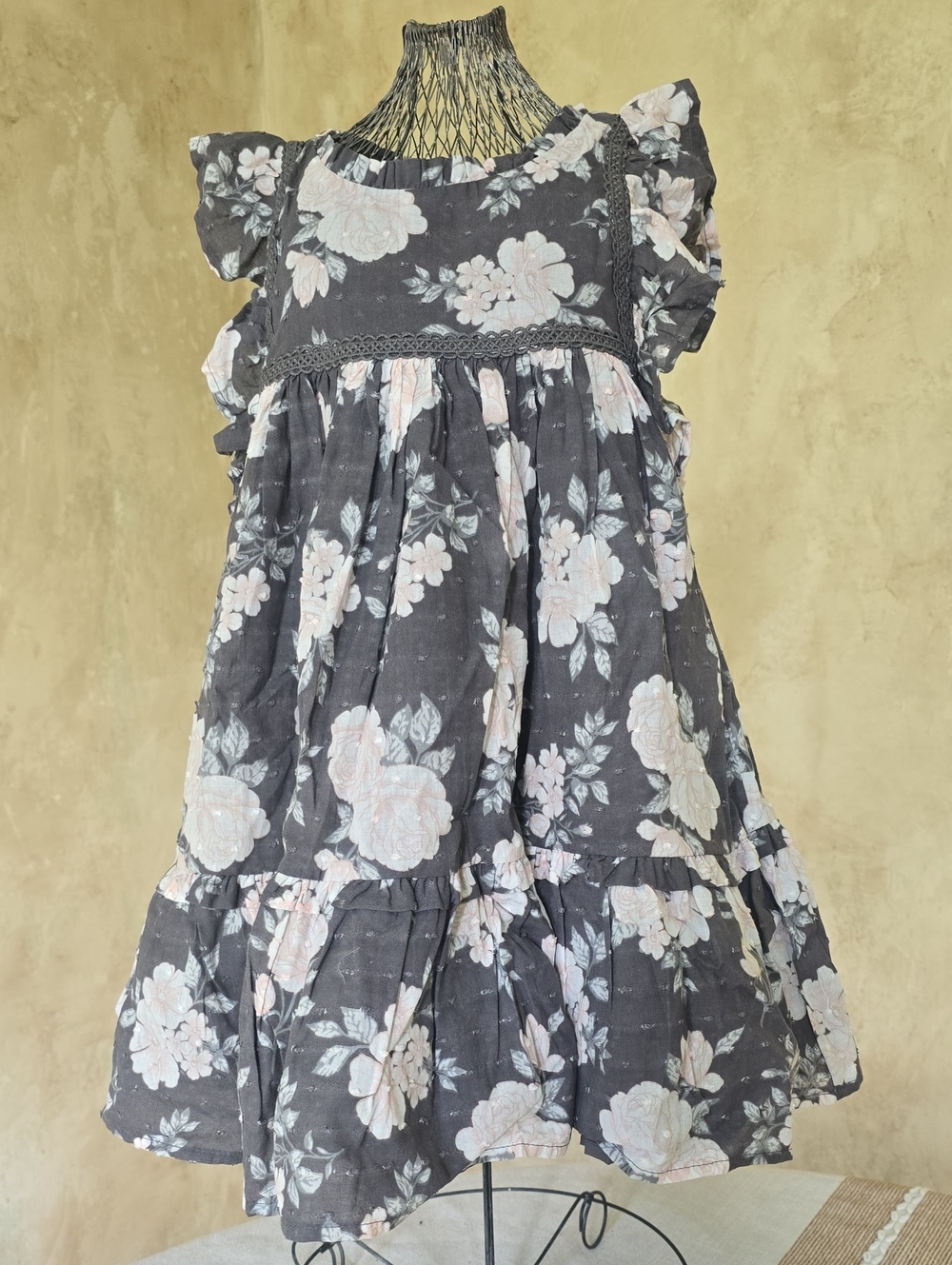 Tahari Girls Floral Ruffle Dress - Gray and Pink 3T